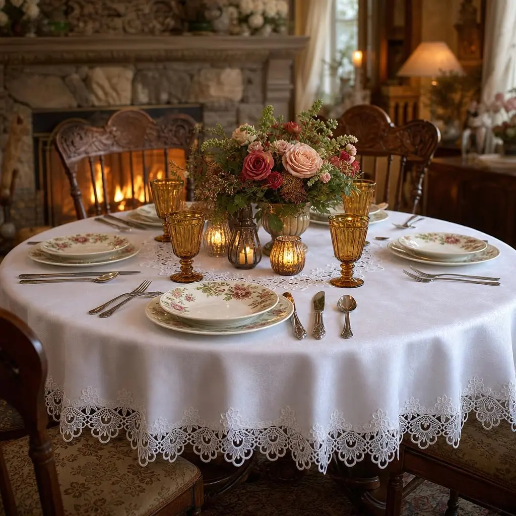 White Round Lace Tablecloth Embroidered Decor 60Inch| Rustic embroidered lace tablecloth for dining coffee tables farmhouse harvest holidays and weddings