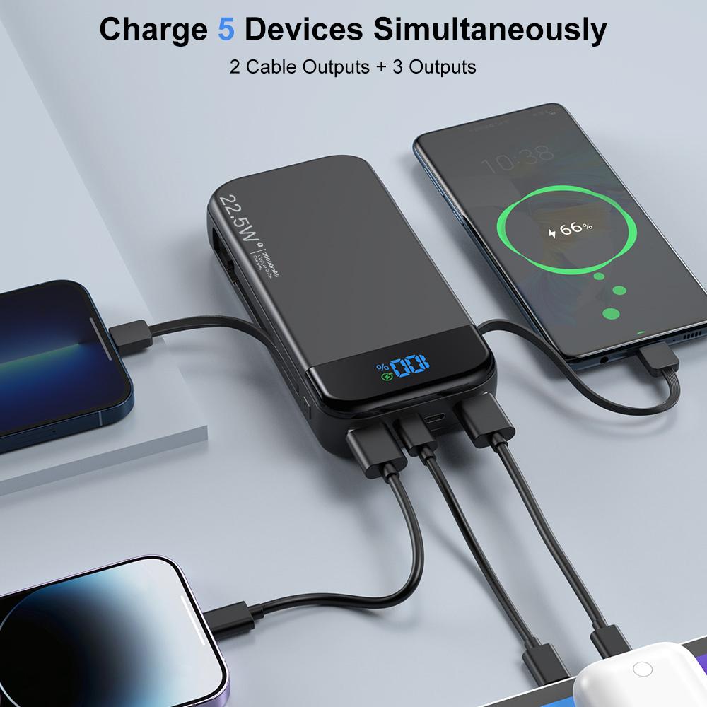 32000mAh Portable Charger with Built-in USB-C & Lightning Cables, 20W Fast Charging Power Bank, LED Display, Portable Battery Pack for iPhone 16/15/14, Samsung Galaxy, iPad & USB-C Devices