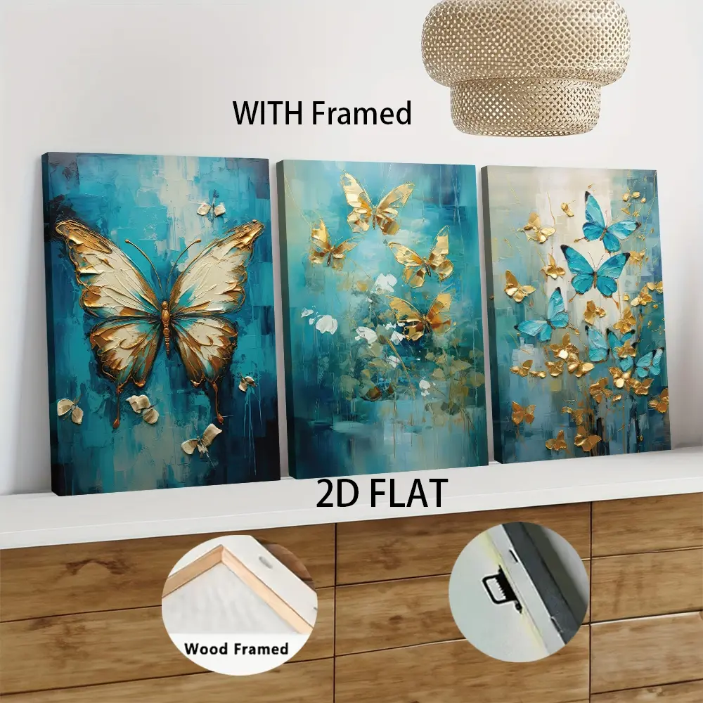 3pcs Framed  Artistic Modern Luxury Relief Butterfly Decorative Painting Modern Luxury Relief Butterfly Decorative Painting Modern Luxury Relief Butterfly Decorative Painting Canvas Wall Art Bedroom Decor with Solid Wood Frame