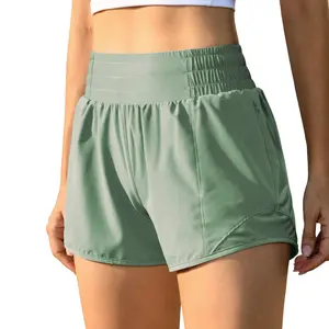 Women's High Waisted Athletic Shorts Quick Dry Lightweight Running Shorts with Pockets Gym Workout Shorts in Green Polyester & Spandex Fabric
