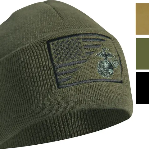 Unisex USMC Eagle Globe & Anchor Cold Weather Sturdy Fine-Knit Fabric Lightweight Beanie - Patriotic Marine Corps Cap, Double-Layer US Flag Split Logo, for Everyday Casual Use