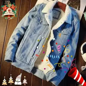 2025 Men's Vintage Denim Jacket American Style Loose-Fit Cotton Coat With Fleece Lining And Thickened Cotton Pad For Autumn/Winter Christmas Gift