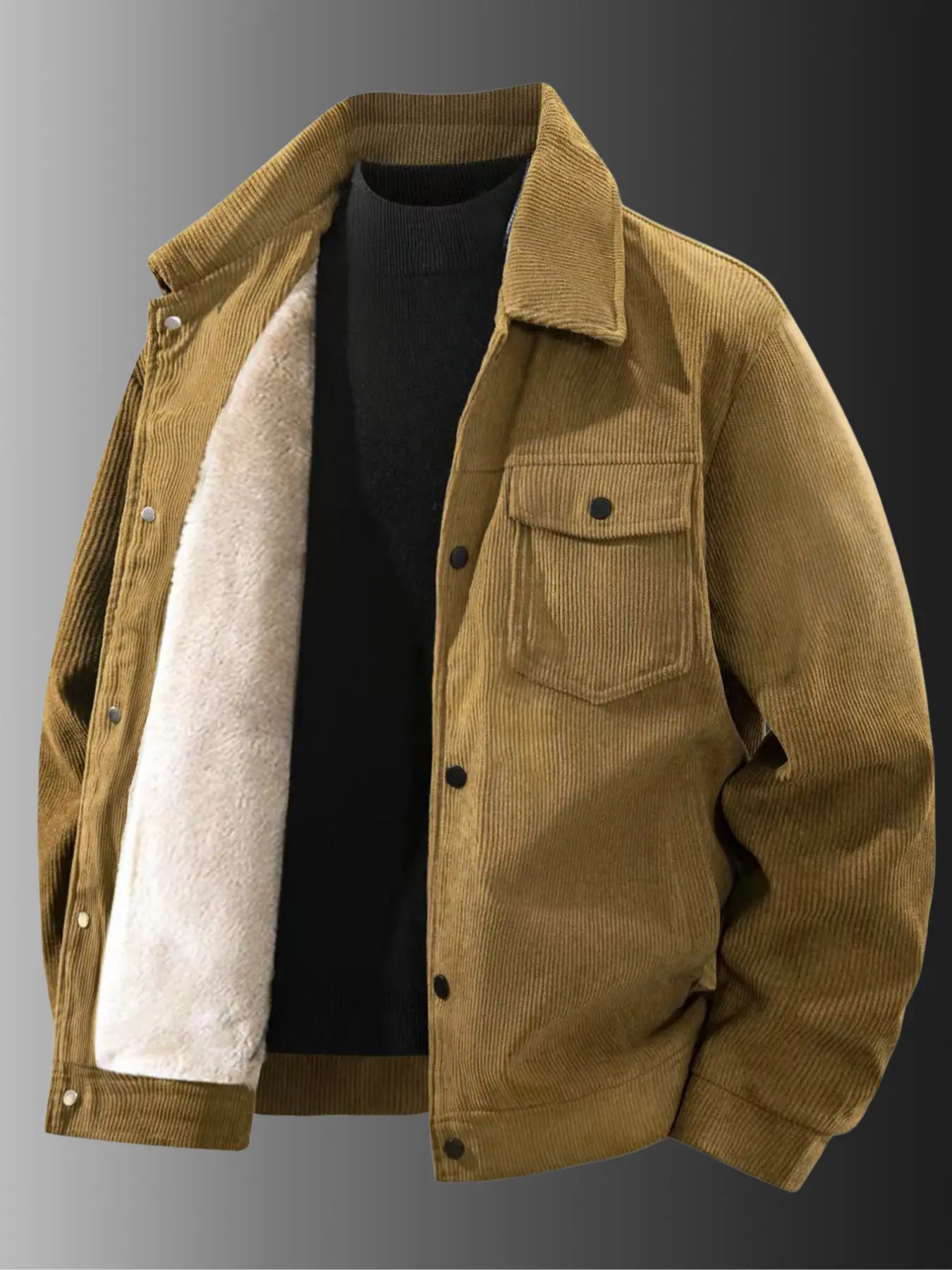 Men's Corduroy Fleece Lined Jacket Vintage Style Vibe Button Collar Coat Warm Classic Chest Pocket Design Casual Fall & Winter Menswear Collared