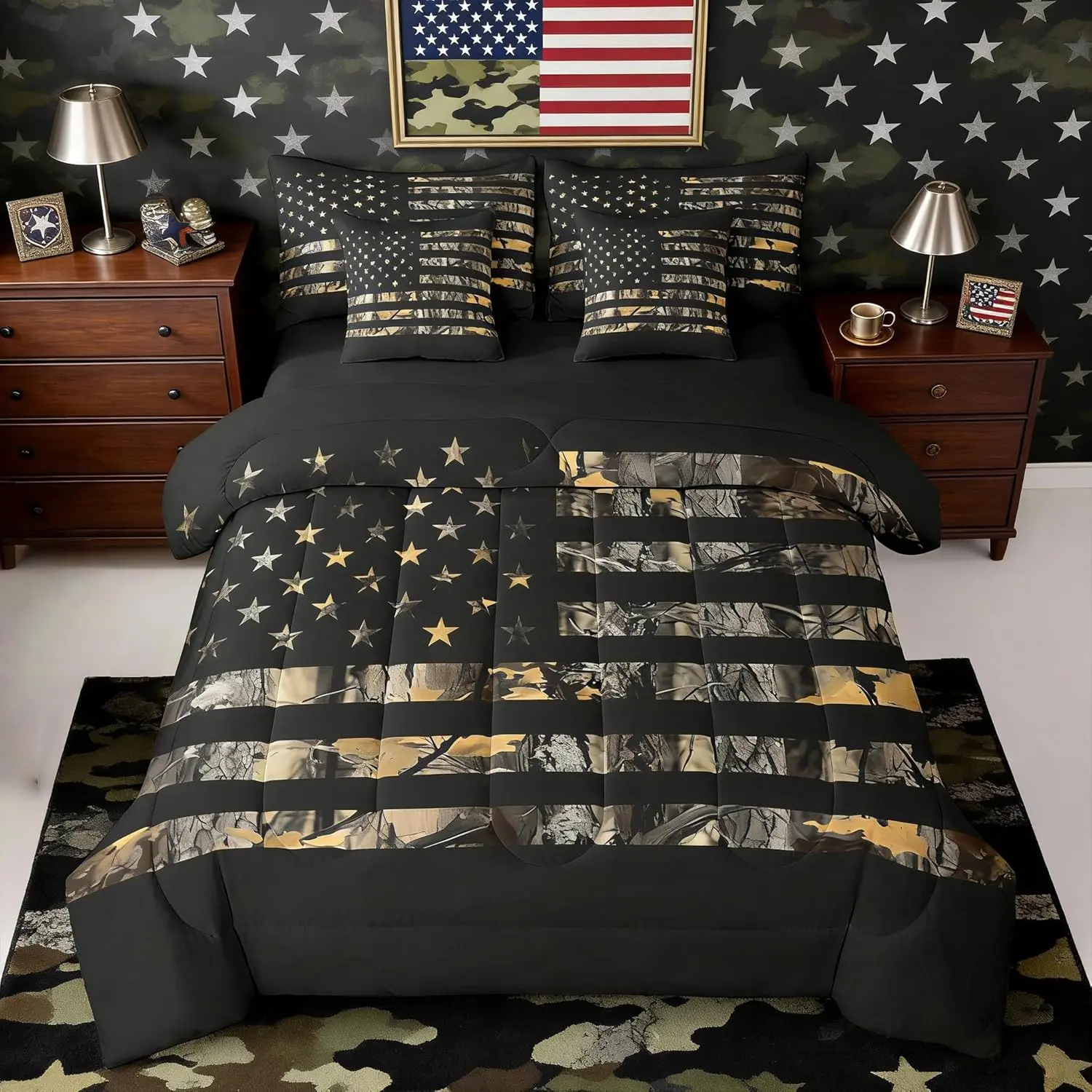 American Flag Camo Comforter with Sheet Set 7 Pieces Hunting Bedding Set Military Camouflage Bed in a Bag Rustic Trees Leaves Bedroom Decor