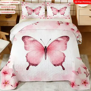 3 pcs, 2D flat print Romantic Pink Butterfly & Cherry Blossom bed cover set, multiple sizes available, bedding set, festive decorative bedding, ideal for bedroom décor(1 bedspread , 2 pillowcase)