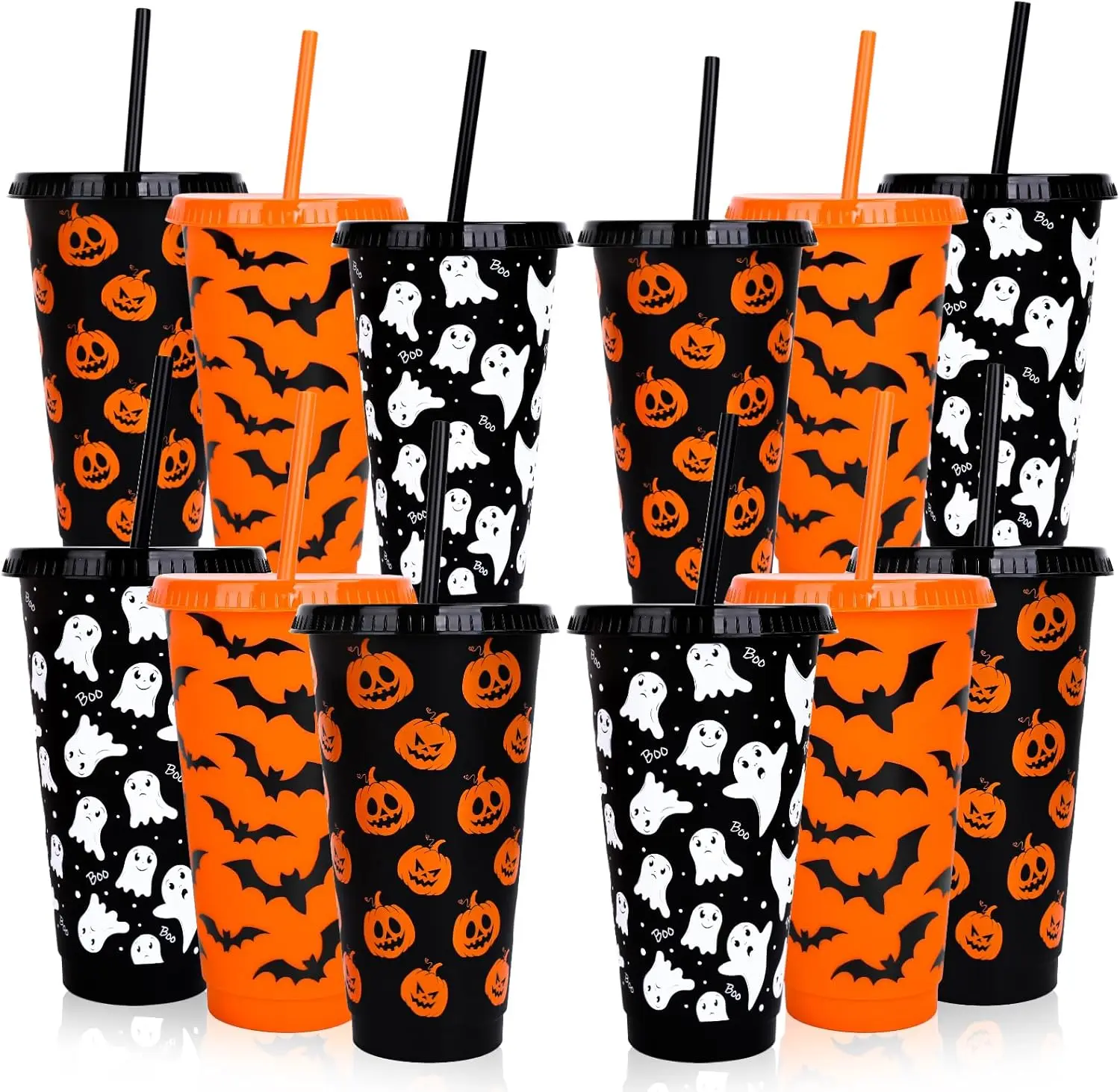 Summer Gift 12 Pcs Halloween Plastic Tumbler with Lids Straws Pumpkin Ghost Bats Reusable Cups 24oz Black Orange Travel Mug Cups for Iced Coffee Drinks Holiday Horror Party Supplies