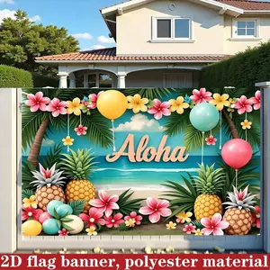 2D Flat 1PC Polyester Banner Hawaiian Aloha Beach Theme Pineapple Plumeria Palm Leaf Decor for Indoor & Outdoor Luau Party Summer Beach Gathering Tropical Event Backyard Patio Setup Pool Party Photo Booth Background Available in Multiple Sizes