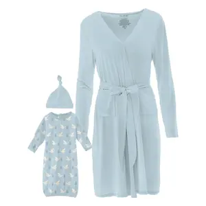 Bamboo Mid Length Lounge Robe & Layette Gown Set - Spring Sky Stork