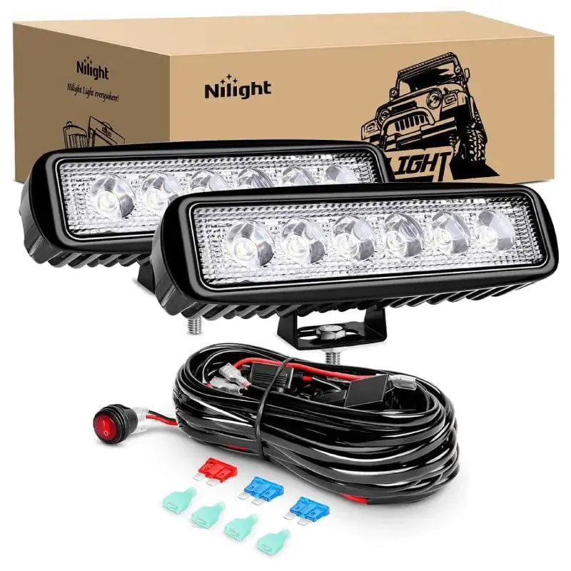 Nilight 6.3 Inch 18W Output High-Brightness Spot LED Work Lights (Pair) - LED Light Bar for Car, 16AWG Wire, 3-Pin Switch, Aluminum Body, Automotive Light Bars, Auxiliary Light