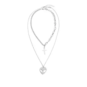 Stainless Steel Alien Cross Double Layer Long Necklace Hip Hop Unisex Layered Necklace Detachable