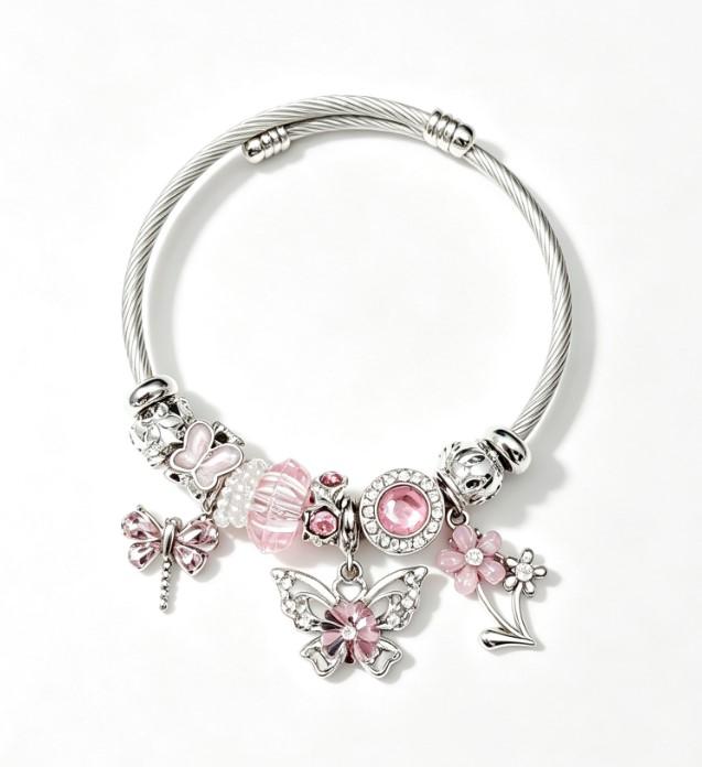 Silver Twisted Cable Open Bangle Bracelet, Pink Crystal Butterfly & Flower Charms Beaded Bracelet, Sweet Fashion Jewelry Gift for Women Teen Girls Silver Twisted Cable Open Bangle Bracelet, Pink Crystal Butterfly & Flower Charms Beaded Bracelet, Sweet Fashion Jewelry Gift for Women Teen Girls