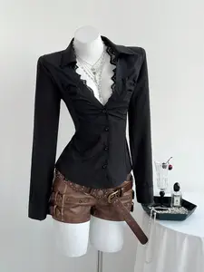 Women's Summer V-Neck Lace Patchwork Long Sleeve Shirt, Elegant Fitted Design, Perfect for Casual Wear, Stylish Women's Top