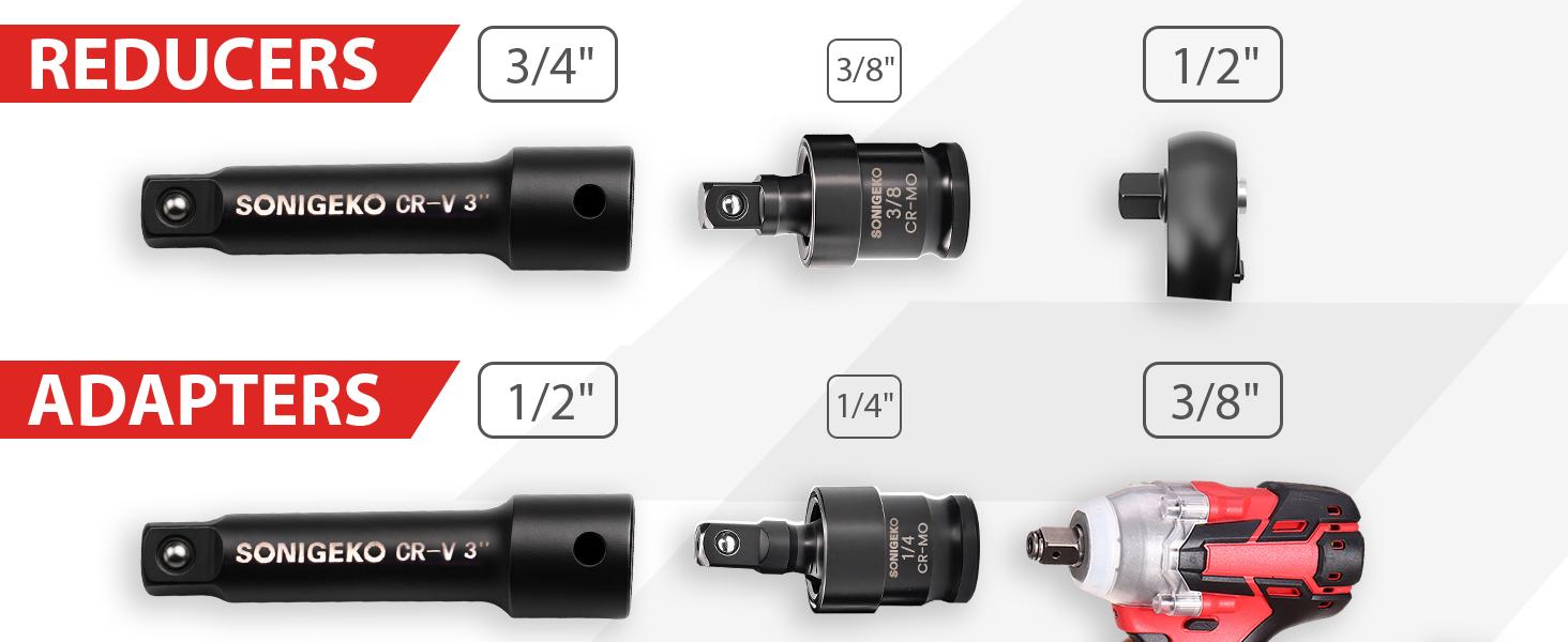 CR-Mo Steel 3-Piece Impact Swivel Socket Set, 1/4", 3/8", 1/2" Drive Universal Joint Adapter Set, Black Full Impact Grade Hand Tool
