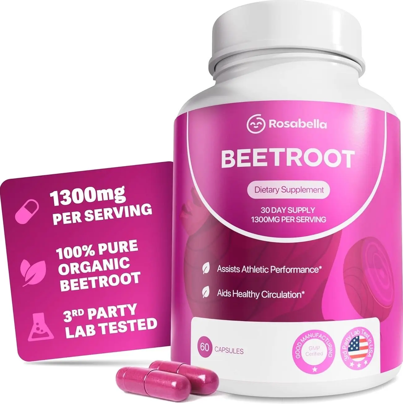 Rosabella Organic Beet Root Capsules - 1300mg Beet Root Powder Aids Healthy Circulation & Vitality, Non-GMO, Beet Root Supplement - 60 Capsules, 30-Day Supply