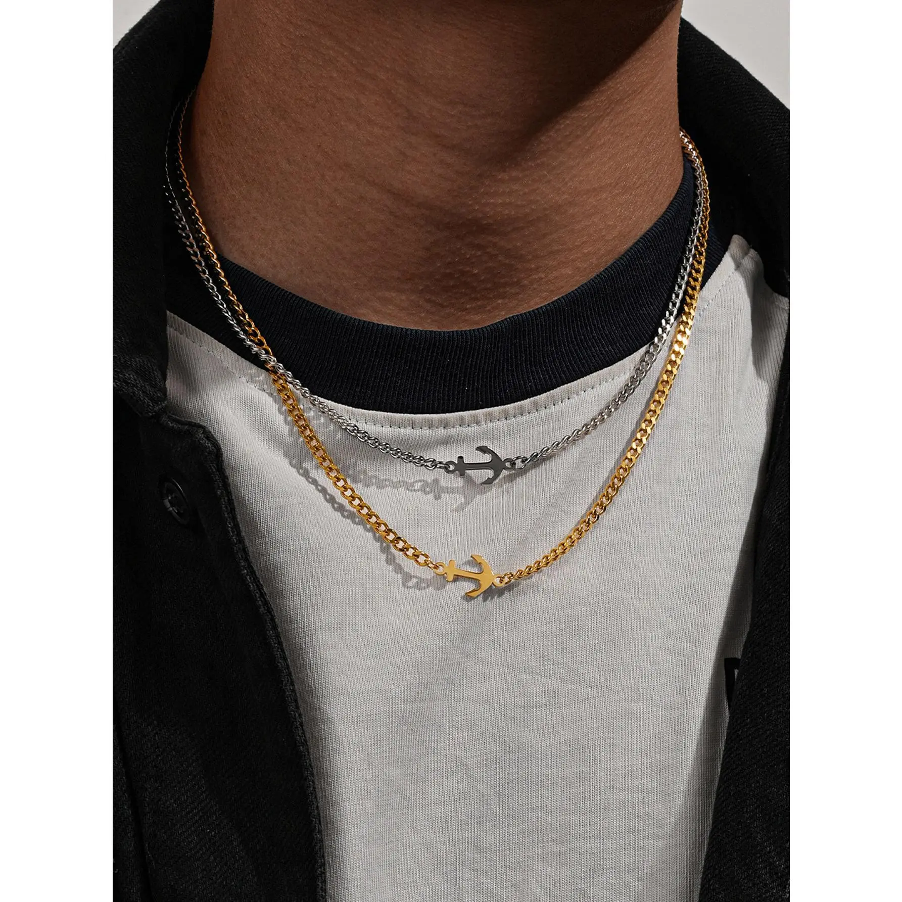 Unisex Stainless Steel Boat Anchor Pendant Chain Link Necklace - 1pc Long Chain, Hip-hop Punk Style, Daily Casual Wear Fashion Accessory, Chain Link Necklaces