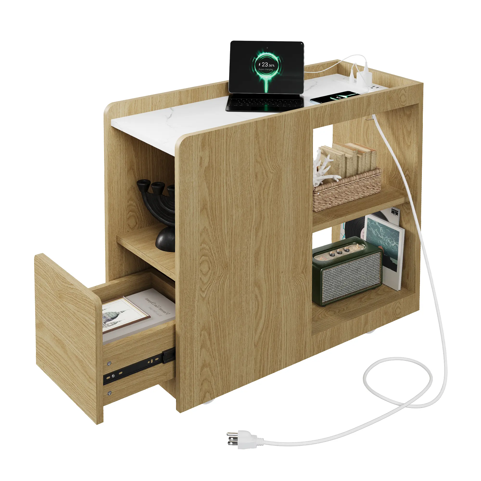 Modern Farmhouse Narrow Sideboard Cabinet - Space Saving, Tool-Free Assembly, Engineered Wood, Charging Station with Charging Ports, Rolling Buffet Server with Lockable Wheels, Drawer & Shelves, Compact Footprint for Dining Room, Small Spaces, Space Savin