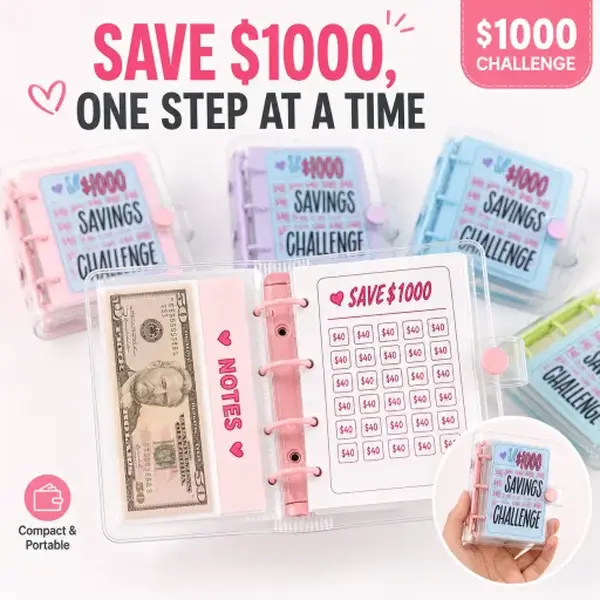 Waterproof PVC Money Saving Binder - 1000 Savings Challenge Book, Cash Stuffing Organizer, Mini Budget Tracker, Reusable Envelopes, Envelope Savings Books, Financial Planner for Cash Management