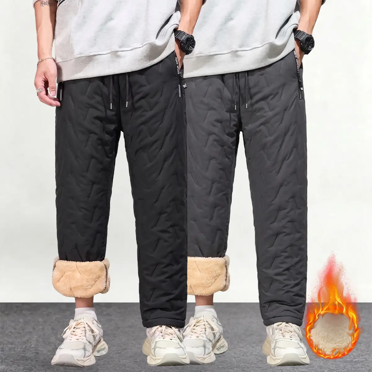 JOGWAVE 2PCS Men’s Ultrasonic-Embossed Padded Long Pants, stylish topstitching design, elastic waistband with drawstring, warm and cold-resistant, suitable for everyday casual wear