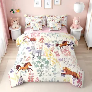 7Pcs Flower Horse Bedding Set with Sheets,Farmhouse Animal Bed Set for Kids Girls Boys,Watercolor Wildflower Bed Comforter Set with Fitted Sheet,Flat Sheet,Pillowcases
