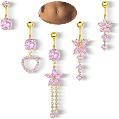 Women's 5-Piece 14G Surgical Steel Body Jewelry Set - Hypoallergenic for Sensitive Skin, Internally Threaded Dangle Belly Button Rings with Cute CZ Flower, Butterfly, Heart Charms - Classic Casual Birthday Gift
