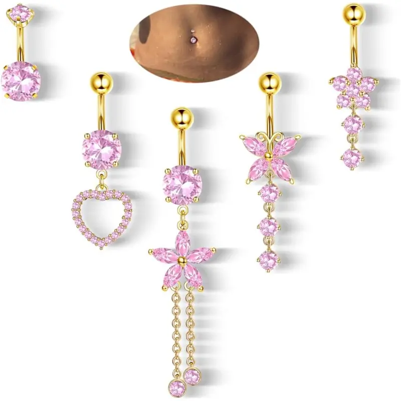 Women's 5-Piece 14G Surgical Steel Body Jewelry Set - Hypoallergenic for Sensitive Skin, Internally Threaded Dangle Belly Button Rings with Cute CZ Flower, Butterfly, Heart Charms - Classic Casual Birthday Gift