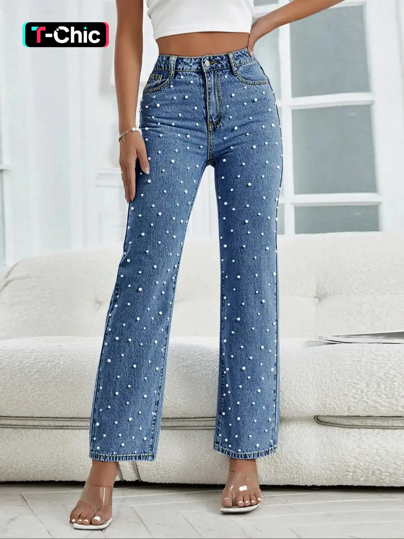 Women's Faux Pearl Decor Button Fly Denim Jeans High Waisted Pants, Casual Comfy High Rise Slim High Waist Pocket Design Jeans for Daily Wear, Ladies Bottoms for All Seasons