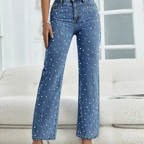 Women's Faux Pearl Decor Button Fly Denim Jeans High Waisted Pants, Casual Comfy High Rise Slim High Waist Pocket Design Jeans for Daily Wear, Ladies Bottoms for All Seasons