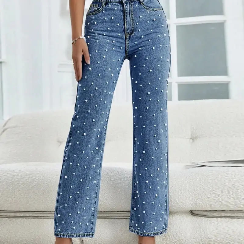 Women's Faux Pearl Decor Button Fly Denim Jeans High Waisted Pants, Casual Comfy High Rise Slim High Waist Pocket Design Jeans for Daily Wear, Ladies Bottoms for All Seasons