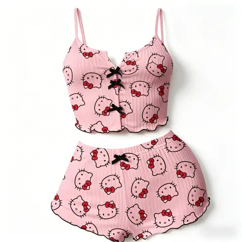 Sanrio Hello Kitty Loungewear Set Tank Top & Shorts Comfortable Pajama Nightwear for Home Relaxation Lightweight Breathable Design