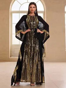 Women's Glitter Sequin Decor Dress & Round Neck Inner Dress, Modest Muslim Long Sleeve Dress & Sleeveless Inner Dress, Islamic Clothing for Daily Wear, Elegant Draped Style