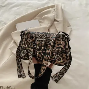 Women's Y2K Leopard Print Leather Baguette Bag - Studded Rivet, Adjustable Crossbody Shoulder Handbag, Vintage Spice Girl Style Underarm Bag for Party, Everyday Use summerwins