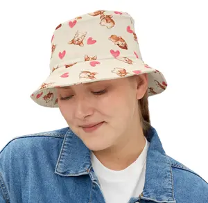 Cute Corgi Bucket Hats, Corgi Dog Heart Bucket Hats, Dog Pattern Hats, Corgi Posts Hats, Family Bucket Hats, Picnic Bucket Hats, Fishing Hat