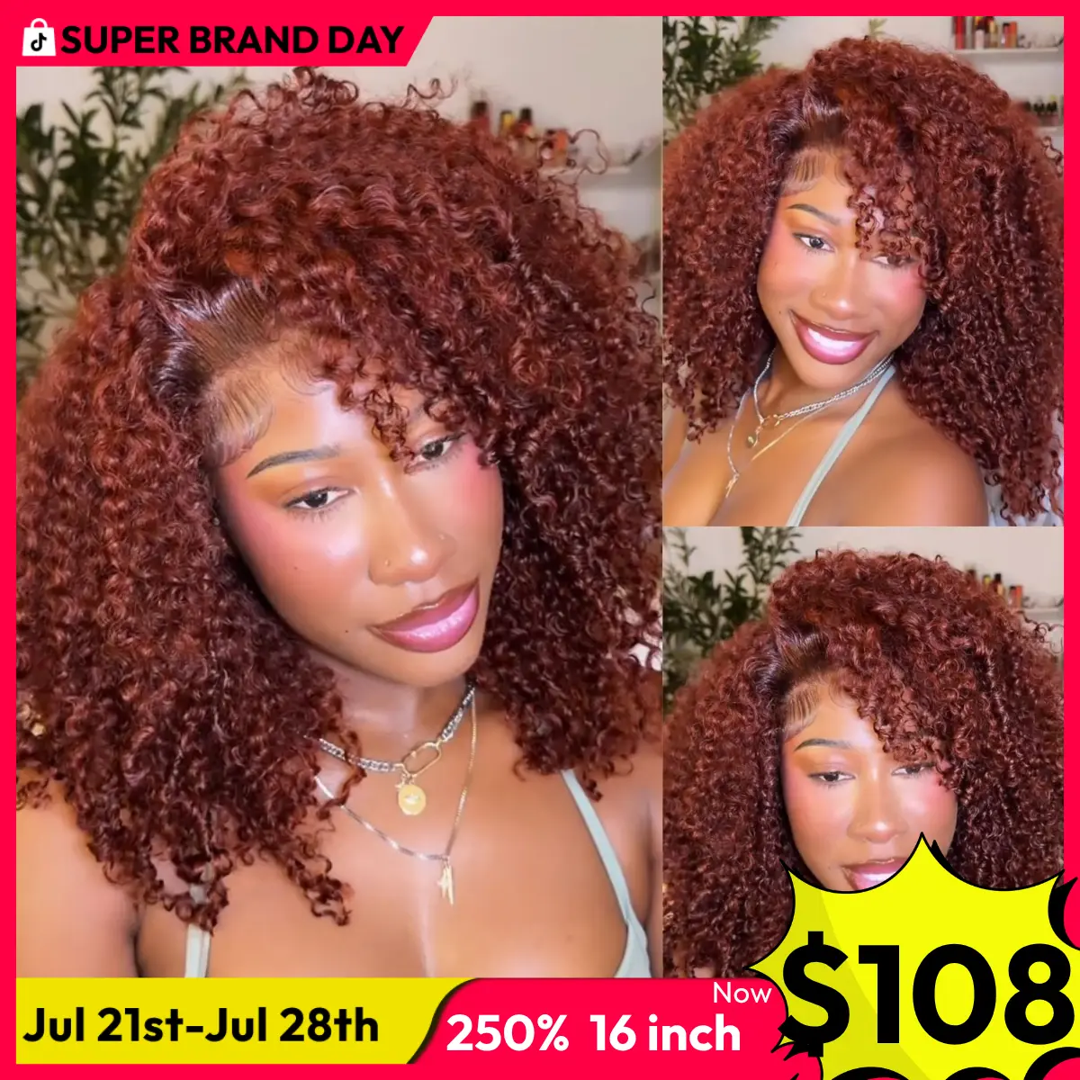 UNice 250% Density Reddish Brown Fluffy Afro Kinky Curly with Layered Finger Coil Ends Glueless 7x5 HD Lace Closure Human Hair Wigs No Slip Beginner-Friendly Natural Looking Summer Wig