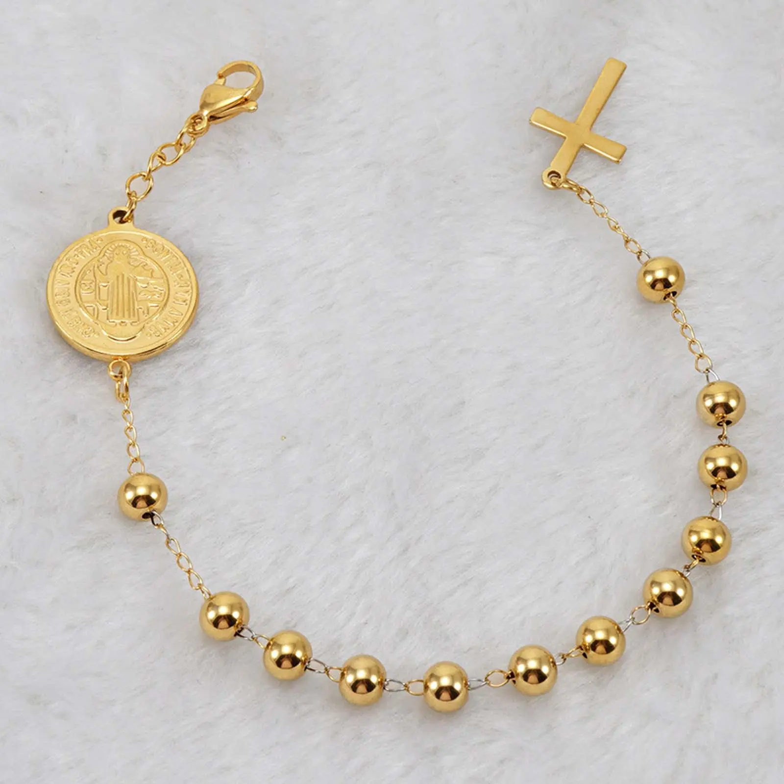 Women's Gold Bangle Bracelet - Elegant, Fashionable Female Beading Stainless Steel Jewelry with Adjustable Stackable Cross Medal, Religious Gift for Women, Gold Bangles, Elegant Bangle