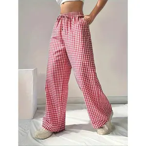 Women's Plaid Print Lace-Up Front Pocket Wide-Leg Straight-Leg Pants for Daily Wear Autumn Winter Bottoms