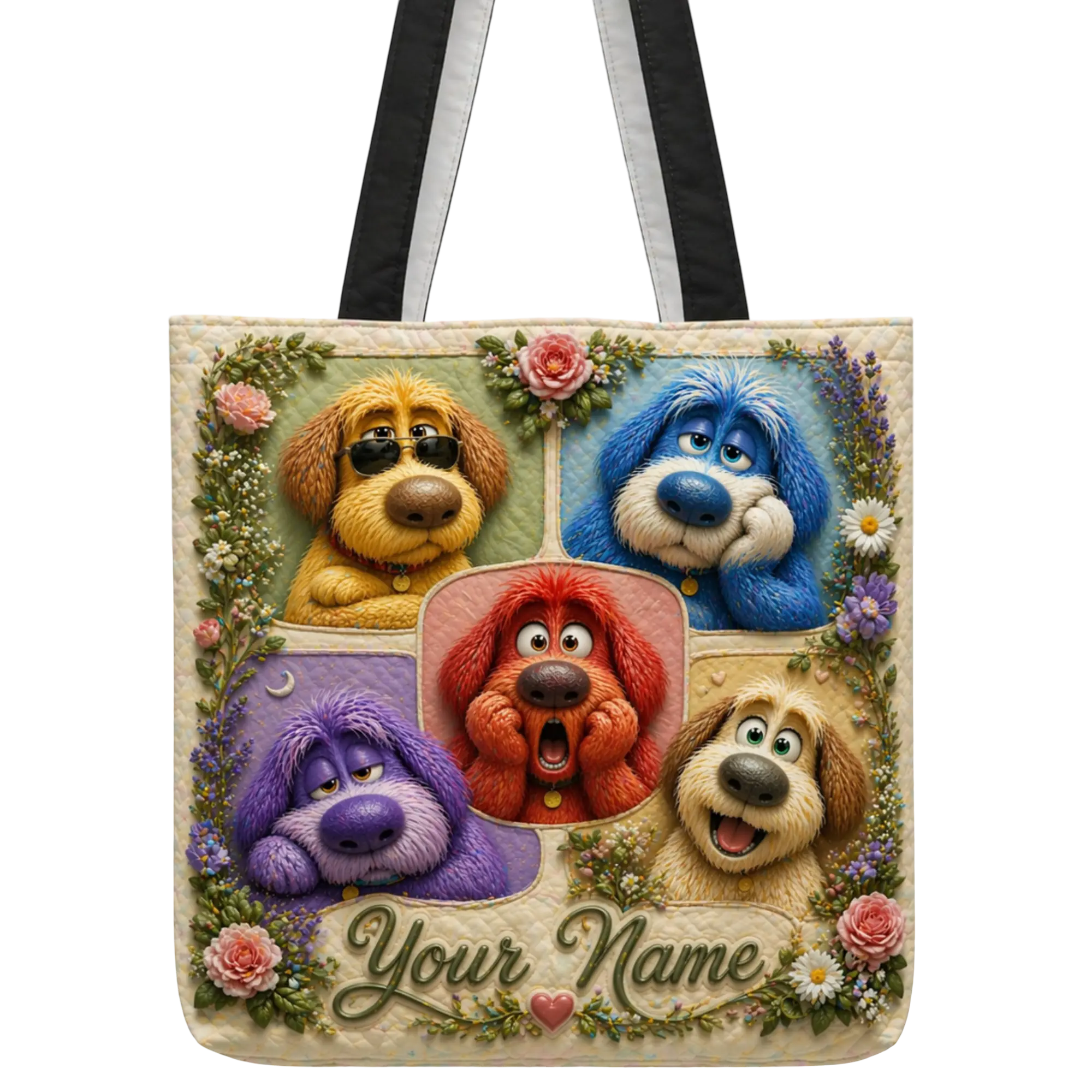 Personalized Funny Dog Floral Quilted Tote Bag - Cute Pet Lover Shoulder Bag Everyday Carry Gift