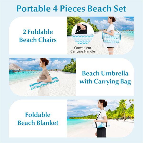 4-Piece Beach Set with 6.2ft Sun-Proof Umbrella, 2 Folding Chairs & 80"x80" Waterproof Blanket-Blue