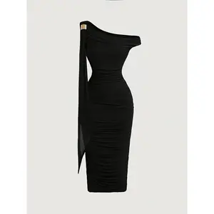 Elegant women’s solid midi bodycon dress with an asymmetrical neckline and ruching, tight-fitting casual daily wear, stylish and comfortable