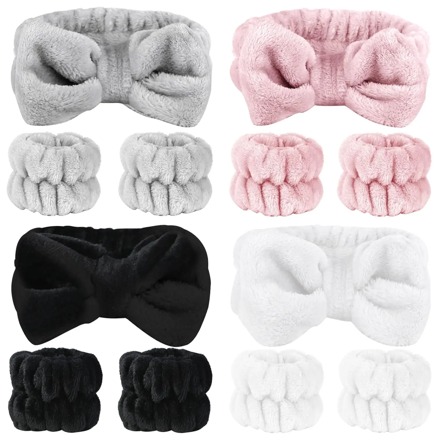 12 PCS Face Wash Headband Wristband Sets for Women and Girls | Soft Microfiber Spa Hair Wraps, Makeup Skincare Bath Headbands, Wrist Bands for Washing Face, White, Pink, Gray, Black