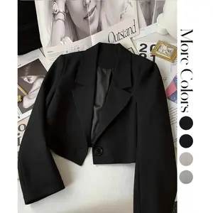 Women's Cropped Blazer Notched Lapel Single Button Tailored Fit Casual Office Jacket Black Suit
