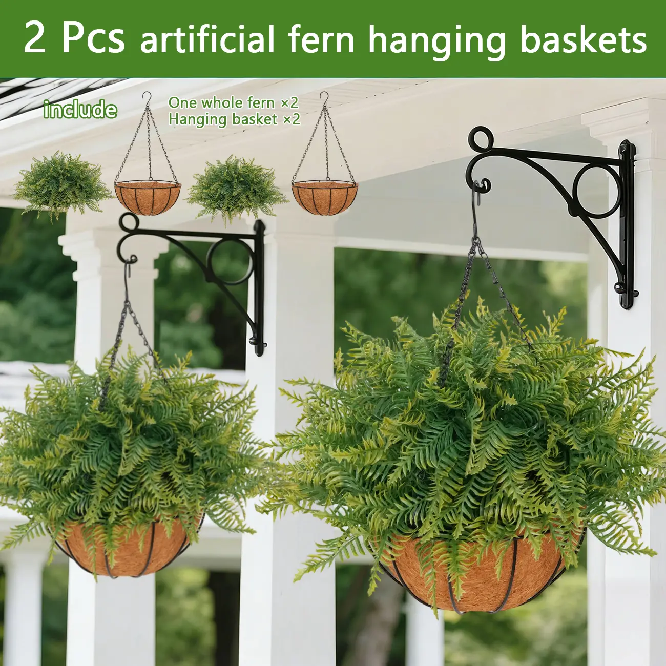 2PCS Adjustable UV resistant waterproof outdoor Artificial Boston Fern Hanging Plants with Metal Chain Natural Coconut Liner Basket No Watering Faux Greenery for Porch Balcony Home Decor detachable No Maintenance Long Lasting Bendable Detachable Faux Fern