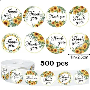 500pcs Roll 1 Inch Sunflower Thank You Sealing Stickers, Commercial Decorative Baking Gift Packaging Labels, Wedding Party Birthday Gifts