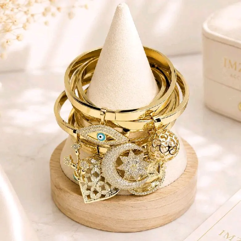 Women's Stackable Bangle Set - 7.5 in Laminated Gold Metal Bangle Jewelry with Interlocking Hearts, Moon Star Pendants, Durable Daily Wear Fashion Accessory, Stackable Bracelet Set, Elegant Minimalist Bangle