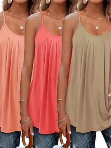 Women's Elegant Spring Summer Round Neck Tank Tops, Adjustable Shoulder Straps, Solid Color, Medium Stretch, Daily Wear, Womenswear, Casual