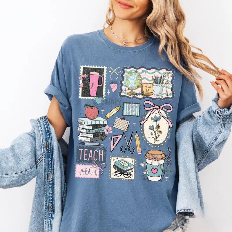 Teacher Life Collage Comfort Colors T-Shirt, Cute School Graphic Tee, Coquette Teacher Stamp Scrapbook Shirt, Gift for Teacher – Ahri Clothing