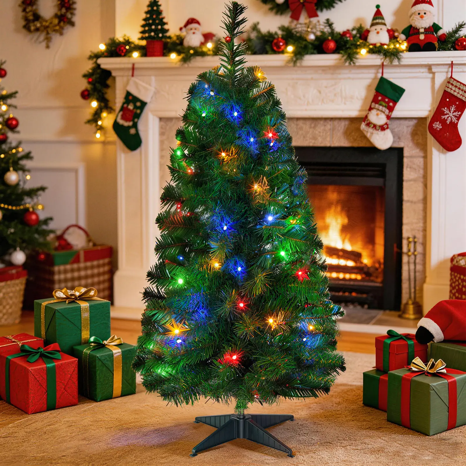 Lubrew 3FT Pre-Lit Artificial Tabletop Christmas Pine Tree, 50 Multicolor LED Lights, 125 Dense Branch Tips, Metal Hinges, Foldable Stand, Quick Setup for Home Office Decor