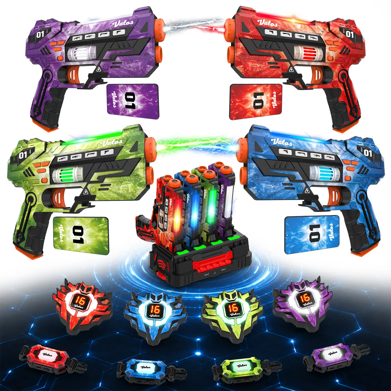 VATOS 360° Sensor Laser Tag Set with Charging Station & Energy Cards, 4-Player Rechargeable Laser Guns with LCD Screen & 2.4GHz Real-Time Sync, Indoor/Outdoor Laser Game Toys for Kids, Teens & Family