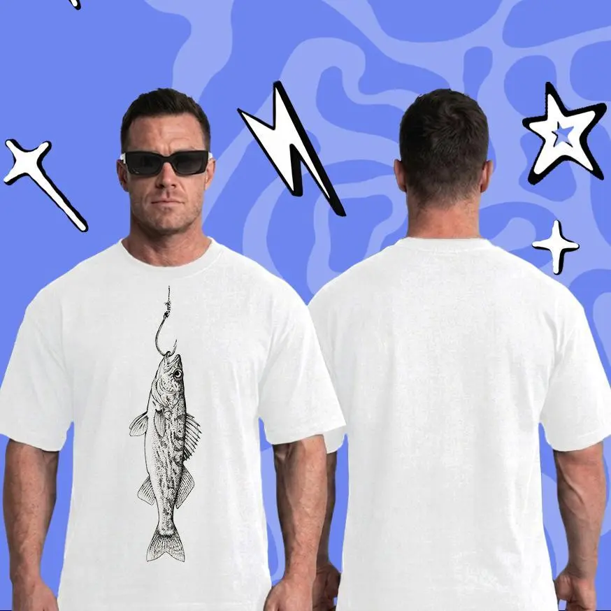 Stylish Walleye On Fishing Hook Print Tee Classic Fisherman Style Unisex Short Sleeve Top Lightweight Outdoor Camping Hunting Casual Outfit