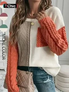Women's Colorblock Drop Shoulder Sweater, Casual Long Sleeve Round Neck Pullover Jumper for Fall & Winter, Fashion Ladies' Knitwear for Daily Wear