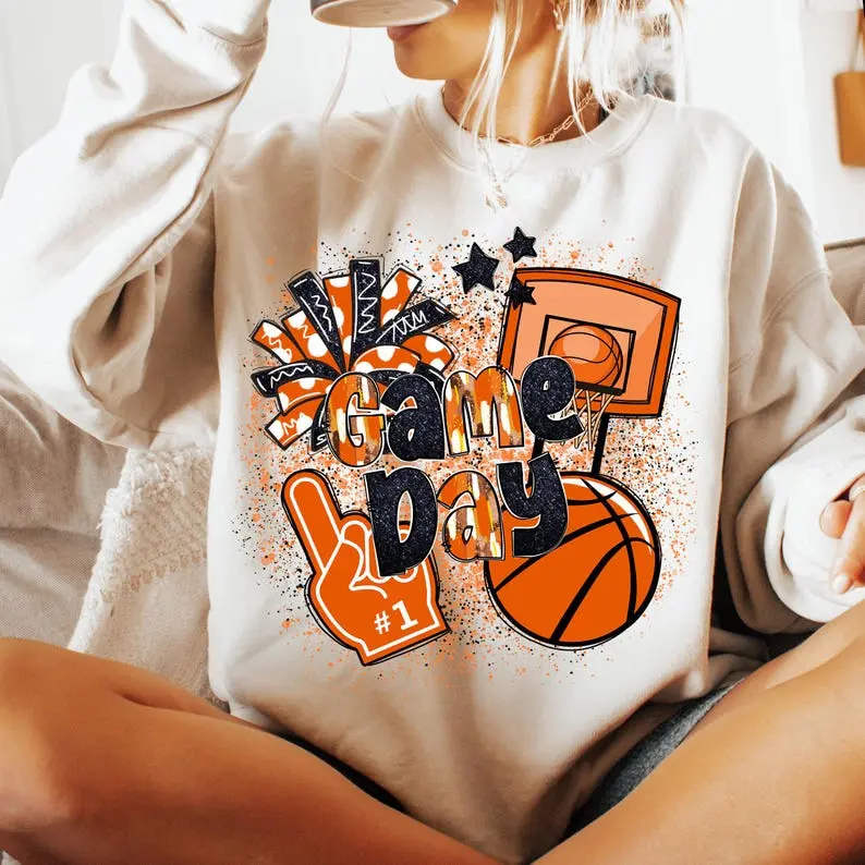Game Day Basketball Sweatshirt, Coquette Basketball Shirt, Preppy Basketball Mom Shirt, Brushstroke Basketball Season Tee, Trendy Game Day Crew Neck